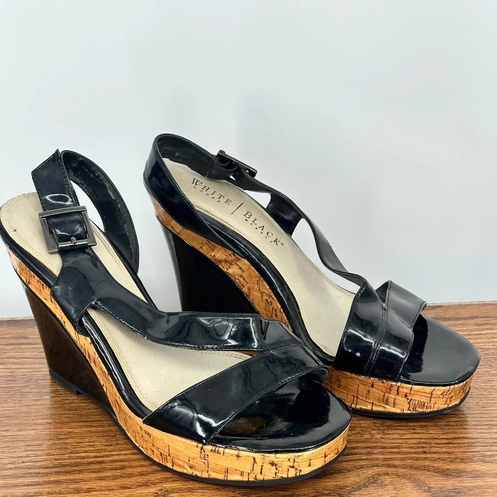 White House Black‎ Market Womens Black Patent Cork Platform Wedge Sandals 8.5M